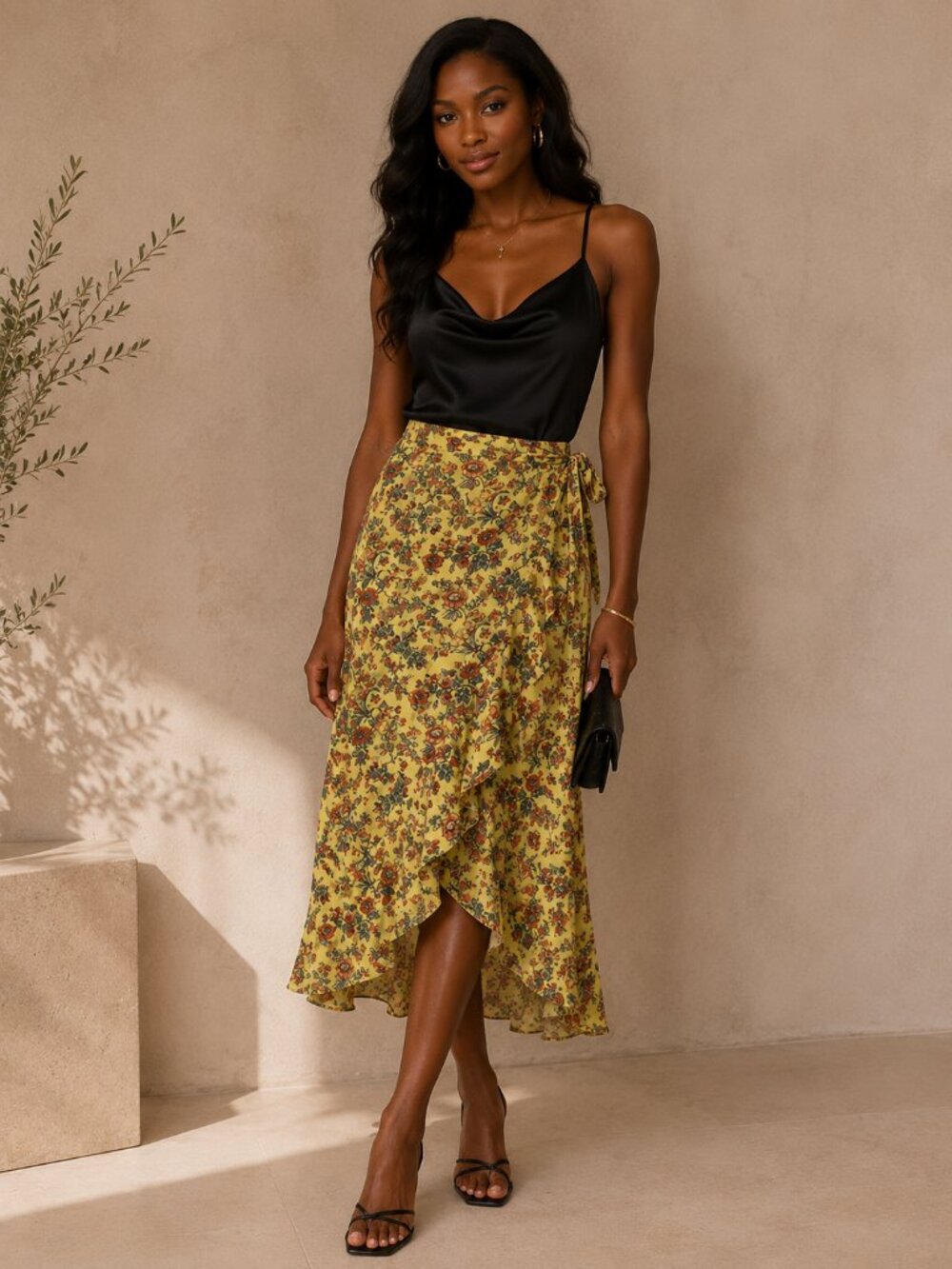 MAX STUDIO Floral Faux Wrap Style Midi Skirt Yellow Romantic Boho Chic Euro M